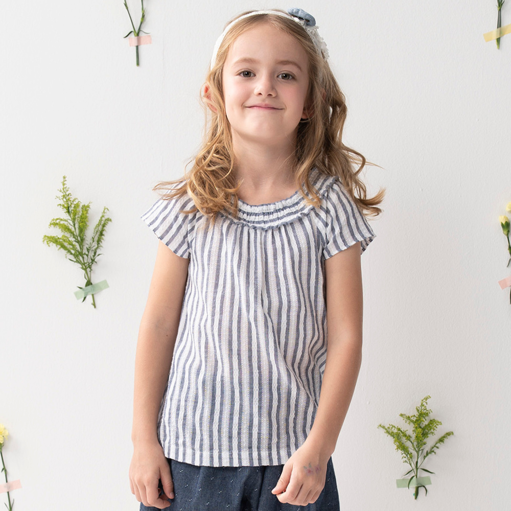 PIPPY 清爽純棉直條紋圓領上衣 藍