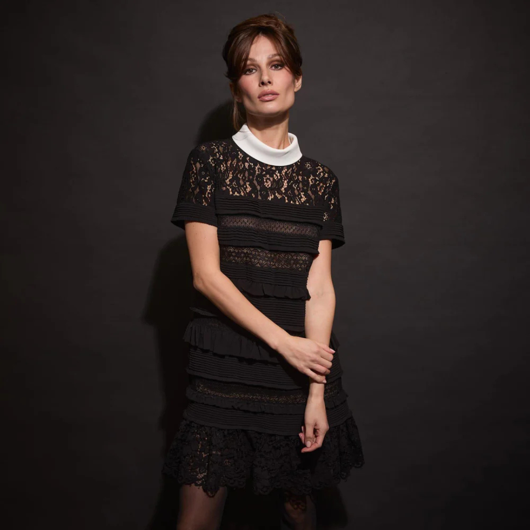 1EA1020-080 EDWARD ACHOUR Elegant Lace Panel Tiered Mini Dress #090403/937 (C-EU-E)