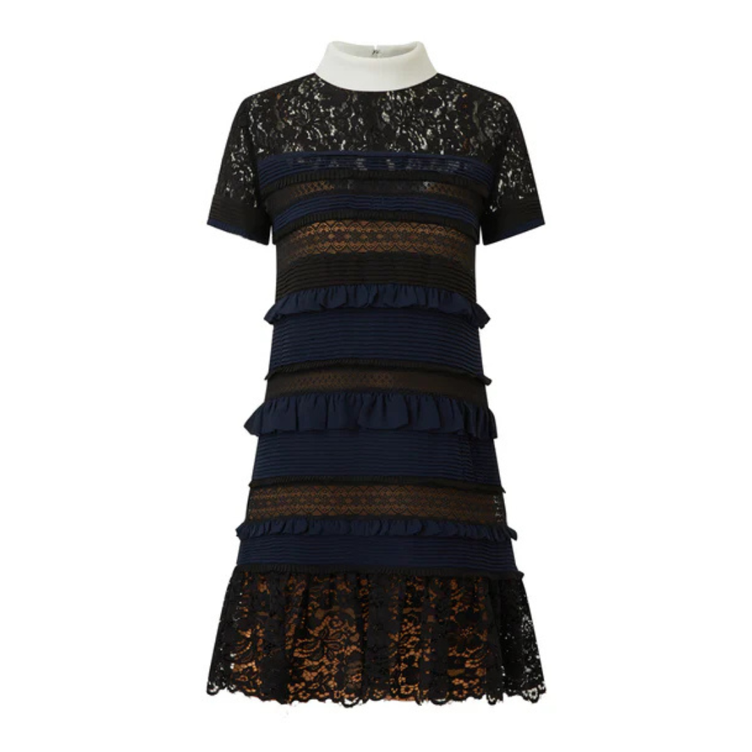 1EA1020-080 EDWARD ACHOUR Elegant Lace Panel Tiered Mini Dress #090403/937 (C-EU-E)