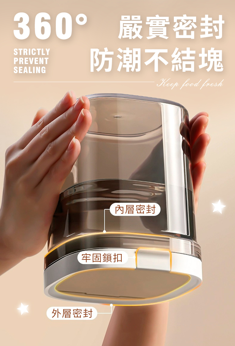 360° 嚴實密封STRICTLYPREVENTSEALING防潮不結塊內層密封【牢固鎖扣外層密封Keep food fresh