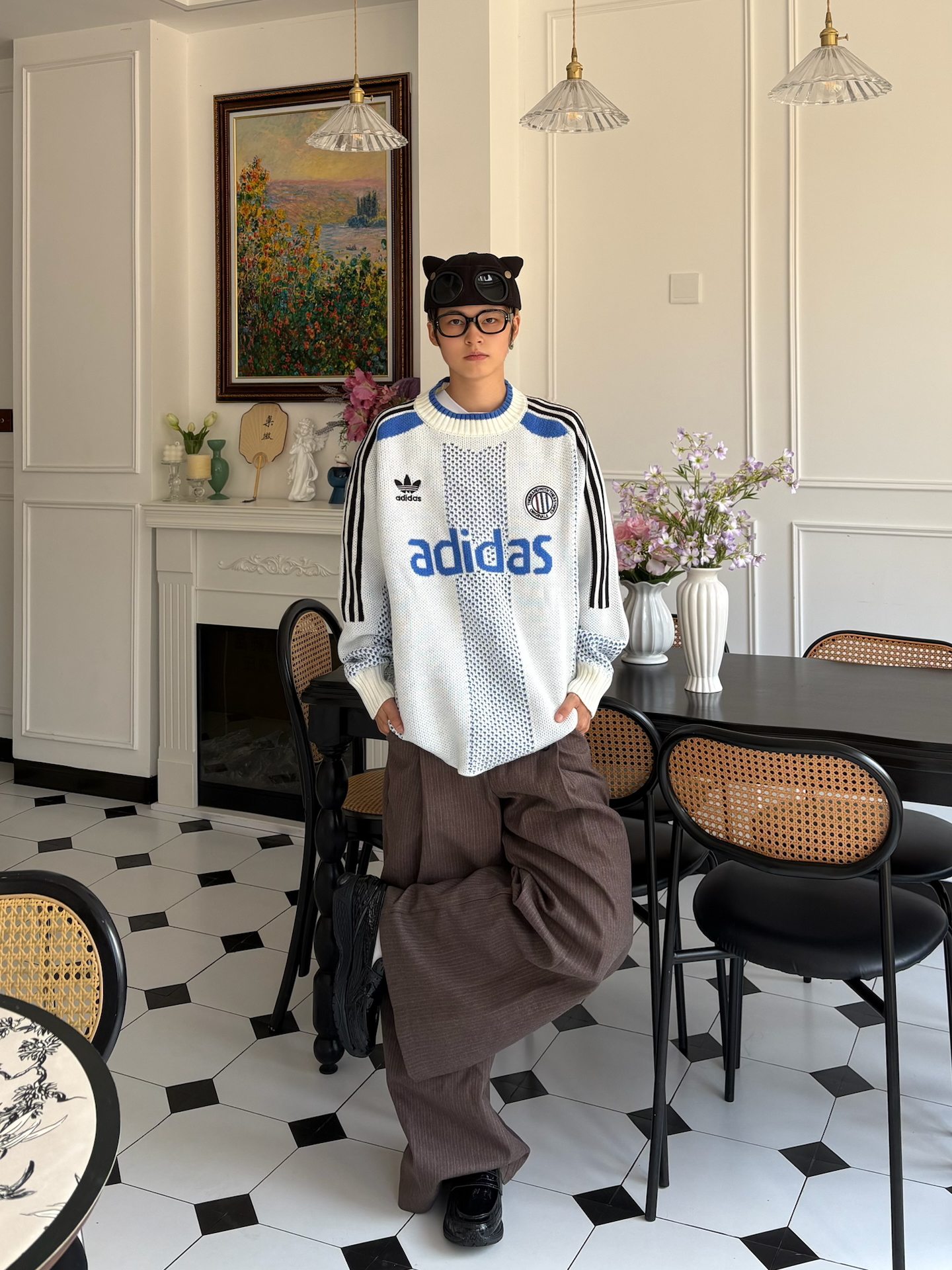 代購-Adidas Originals ADCBC FW24 LS PO U adicolor 圓領 長袖 針織衫 毛衣 勃艮第紅/藍白