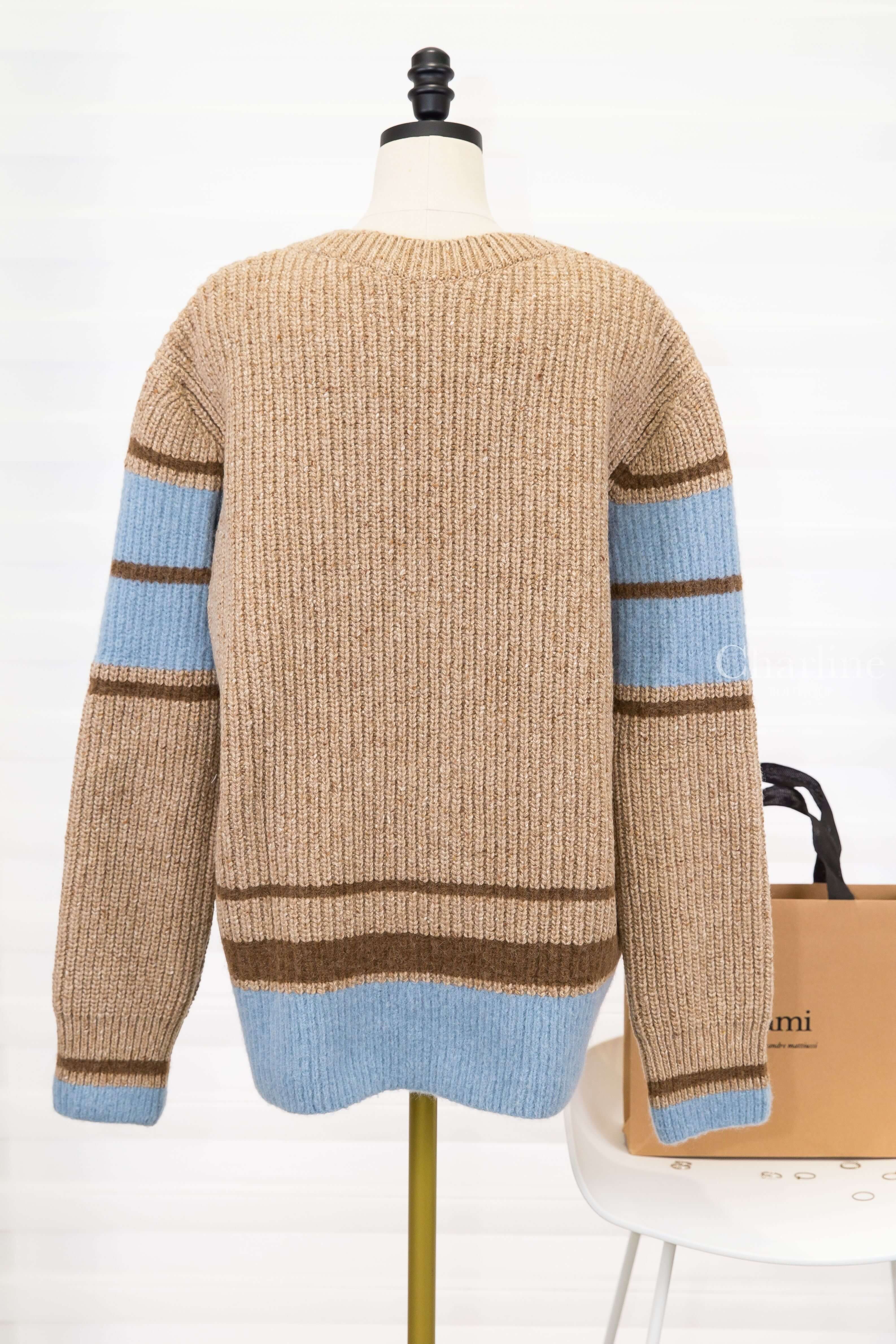 Ami Paris Brown Wool College Sweater 駝色V領深棕藍條紋毛毛立體大愛心A補丁針織羊毛長袖毛衣-Charline Boutique 精品代購