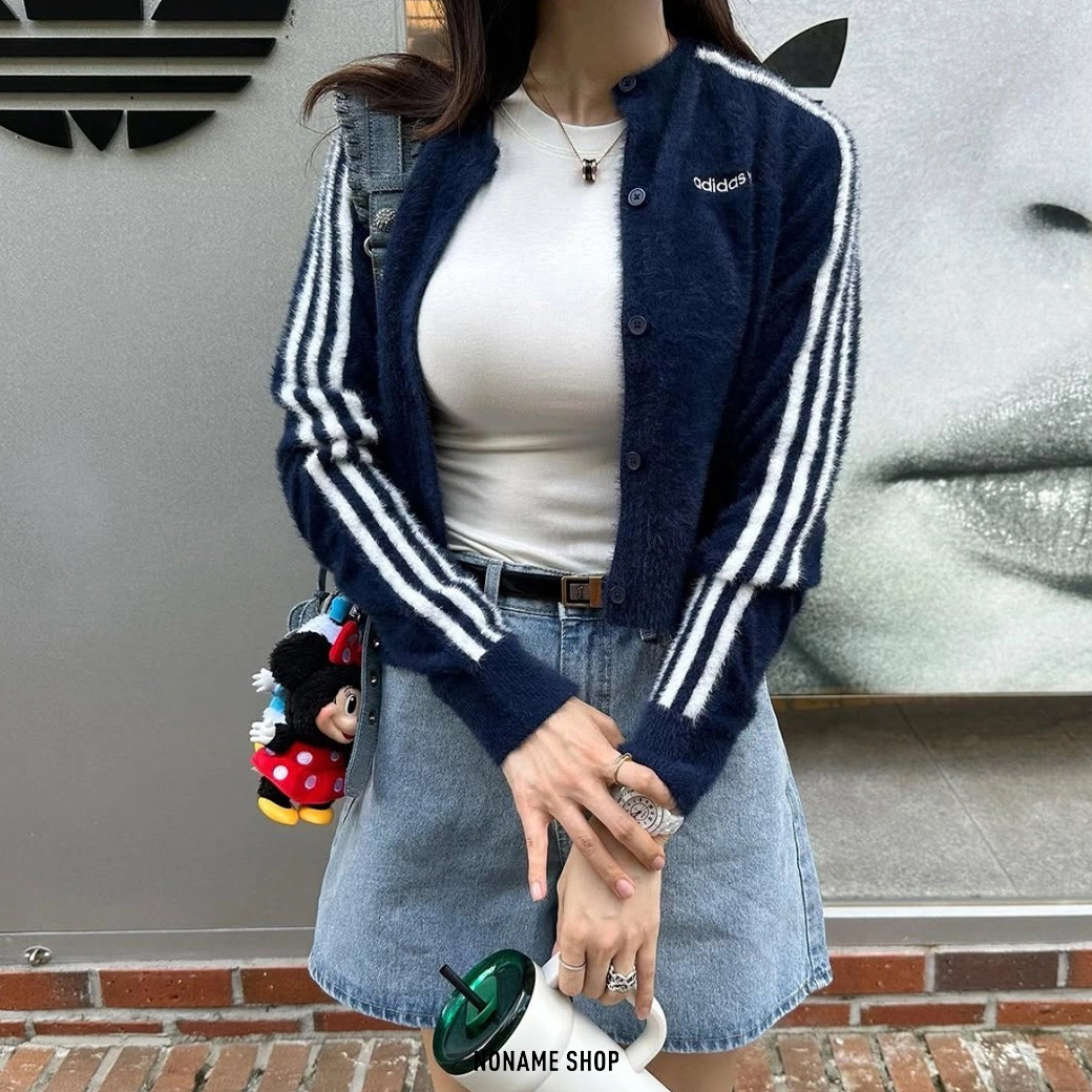 ADIDAS ORIGINALS KNITTED 韓系 三線 毛毛 外套 開襟 海軍藍 (女款)
