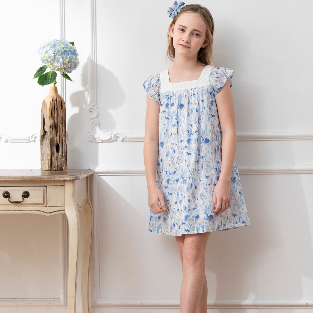 PIPPY水彩渲染印花純棉ㄇ型領連身裙洋裝 水