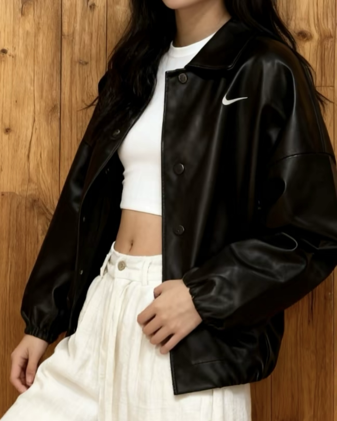 Nike Sportswear Oversize 黑色 豹紋領子 全黑 皮衣 外套 防風 夾克