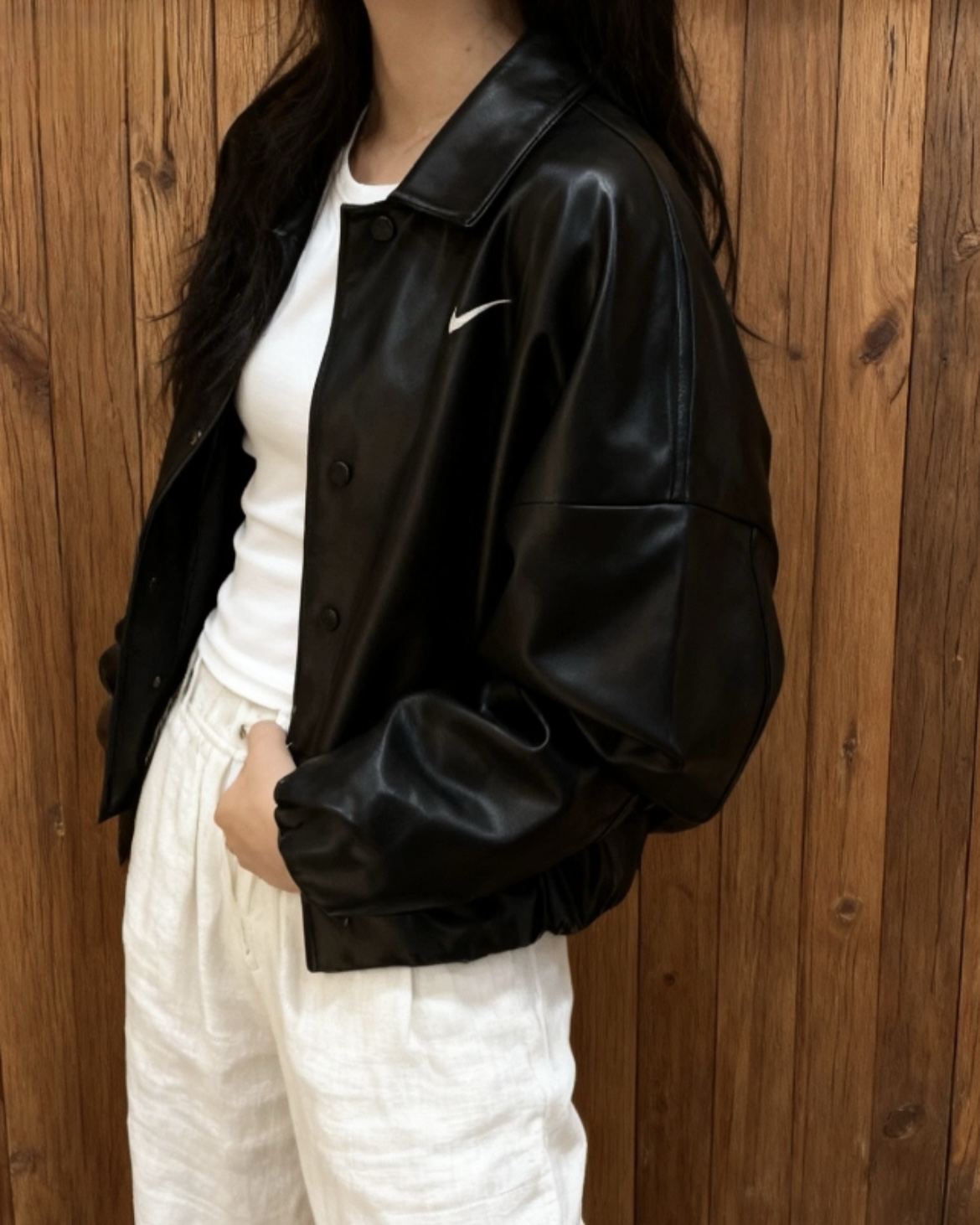 Nike Sportswear Oversize 黑色 豹紋領子 全黑 皮衣 外套 防風 夾克