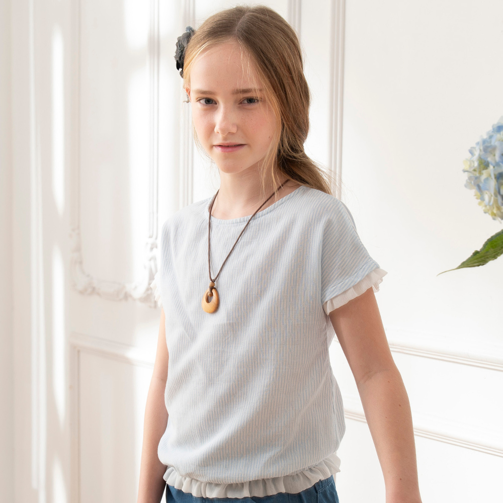 PIPPY 藍白直條雪紡剪接純棉圓領上衣 藍