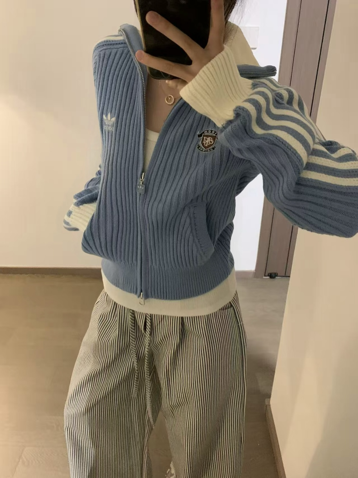 ADIDAS ORIGINALS TEAM FULLZIP 針織 開衫 立領外套 宋雨琦同款 寶寶藍 奶油黑