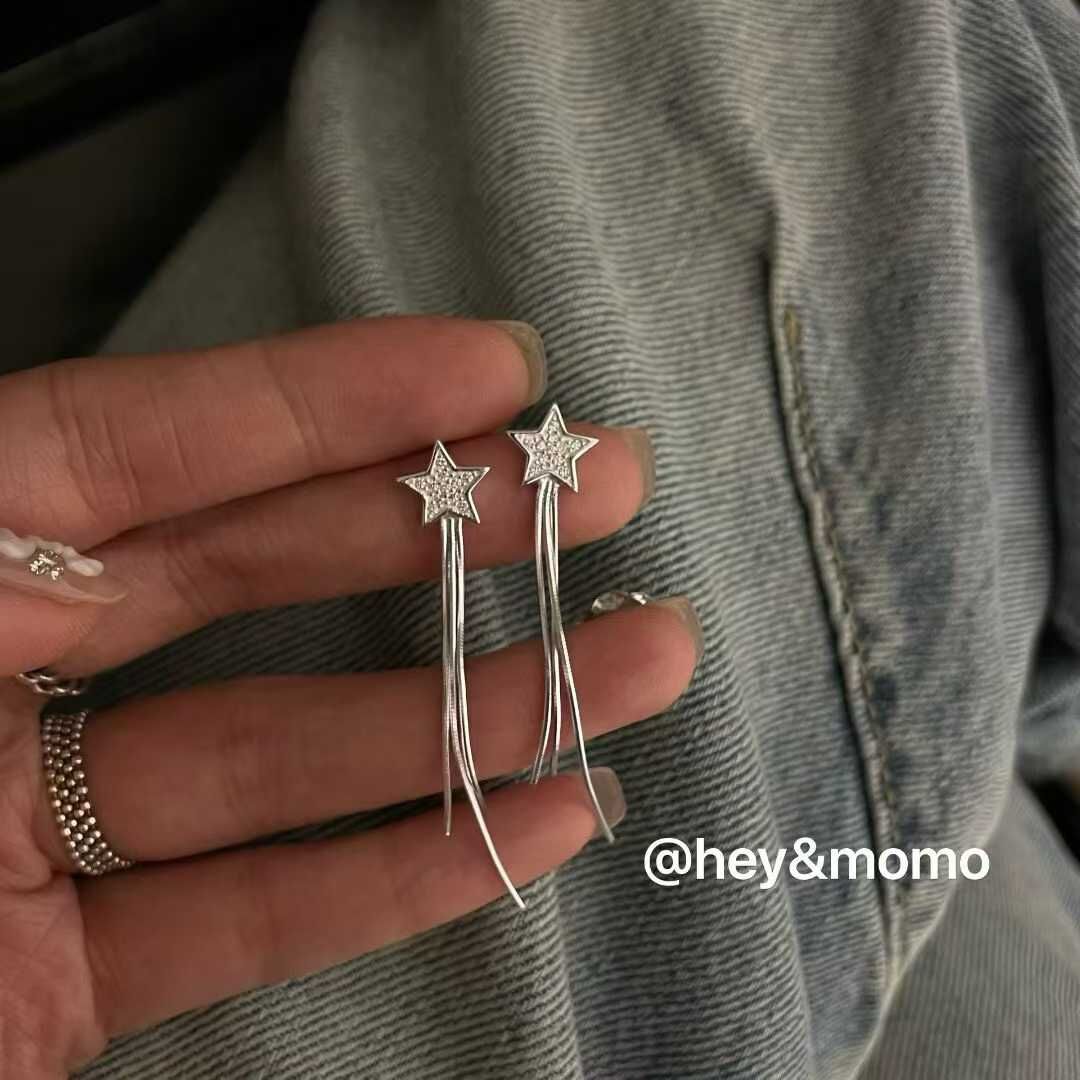 HM5131 ⚪925 銀 滿鑽星星流蘇耳環