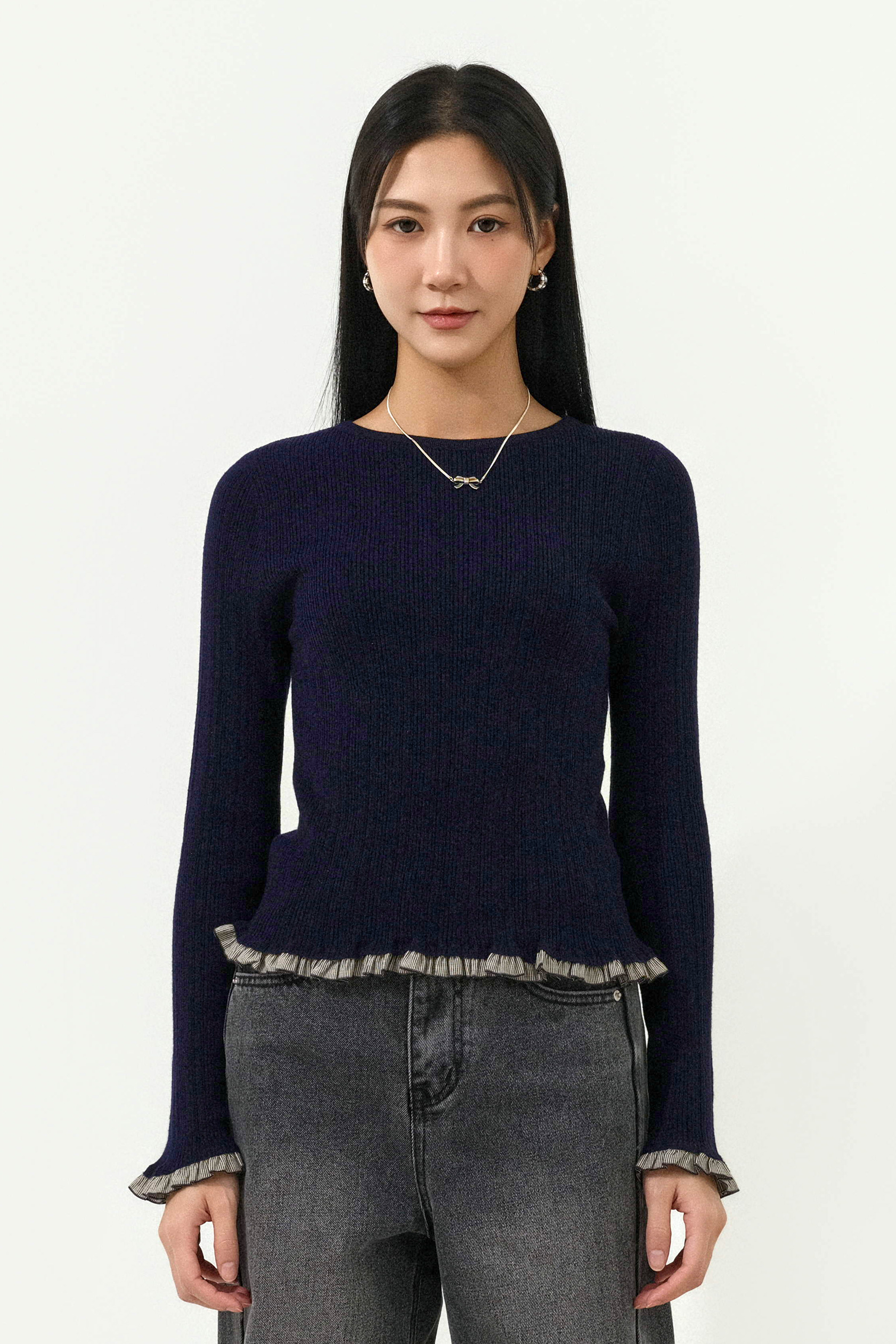 拼布荷葉邊針織上衣 ( 預購產品）