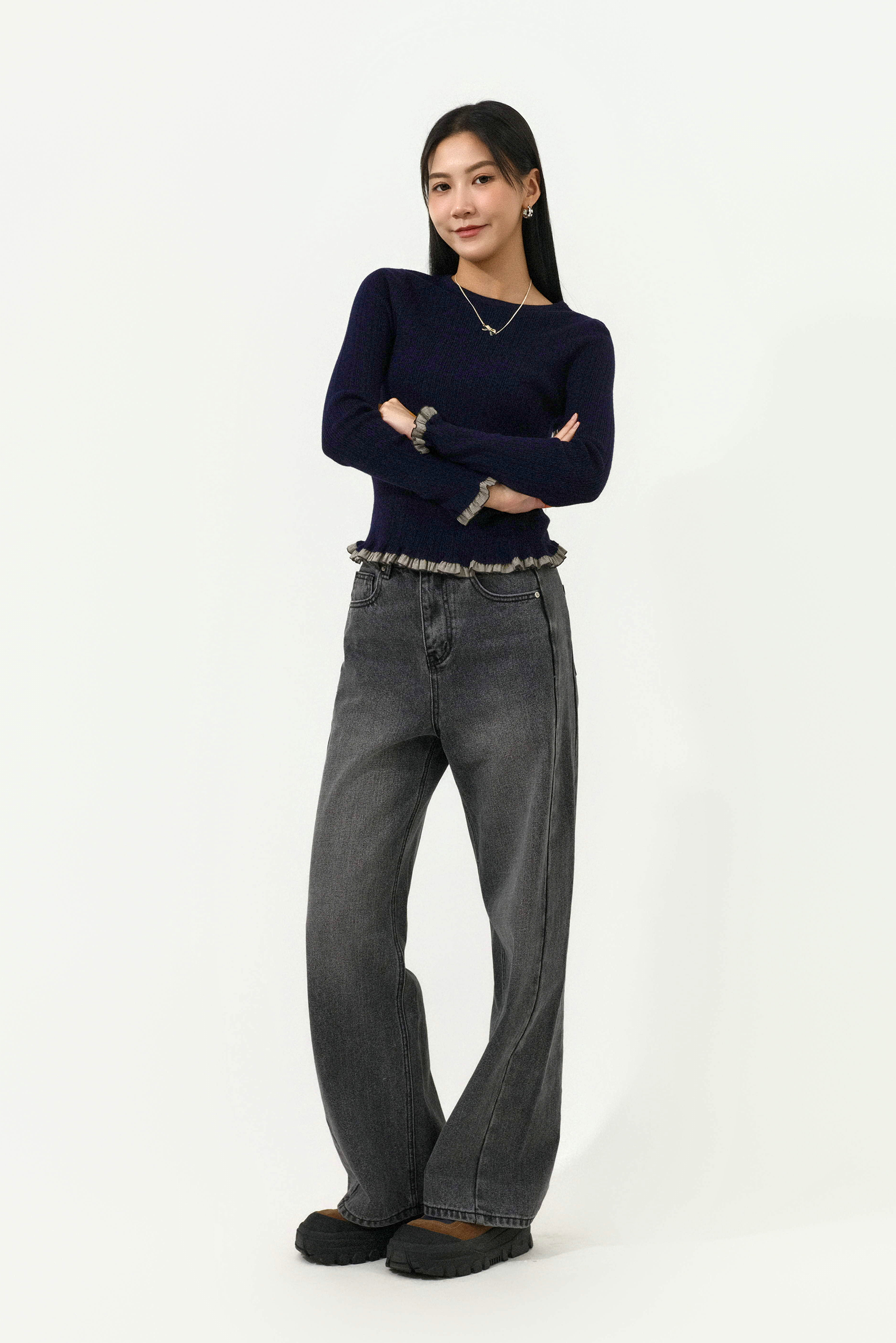 拼布荷葉邊針織上衣 ( 預購產品）