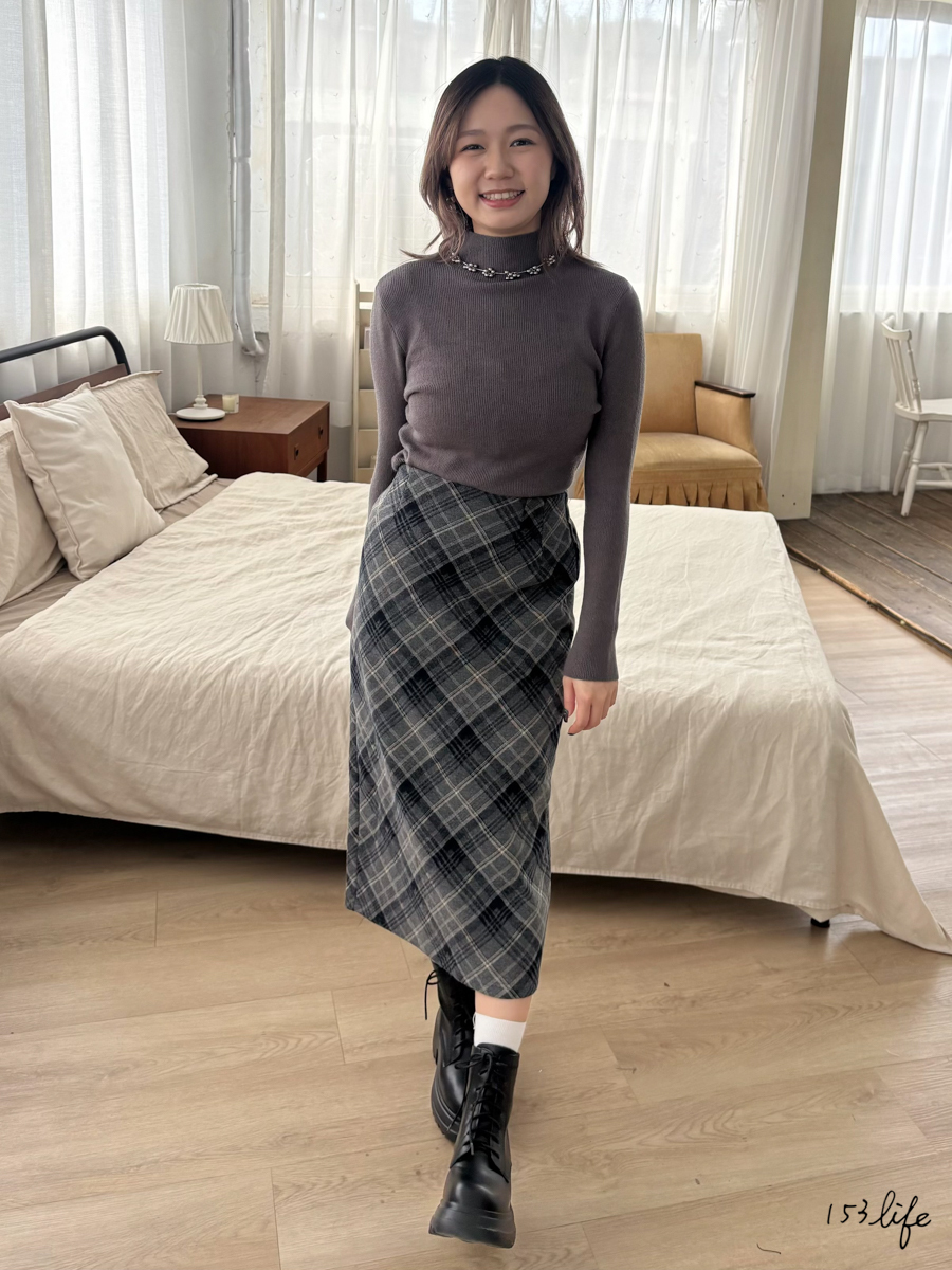 |預購|⛄️加絨保暖毛呢高腰後鬆緊斜格紋中長裙(XXS-L)