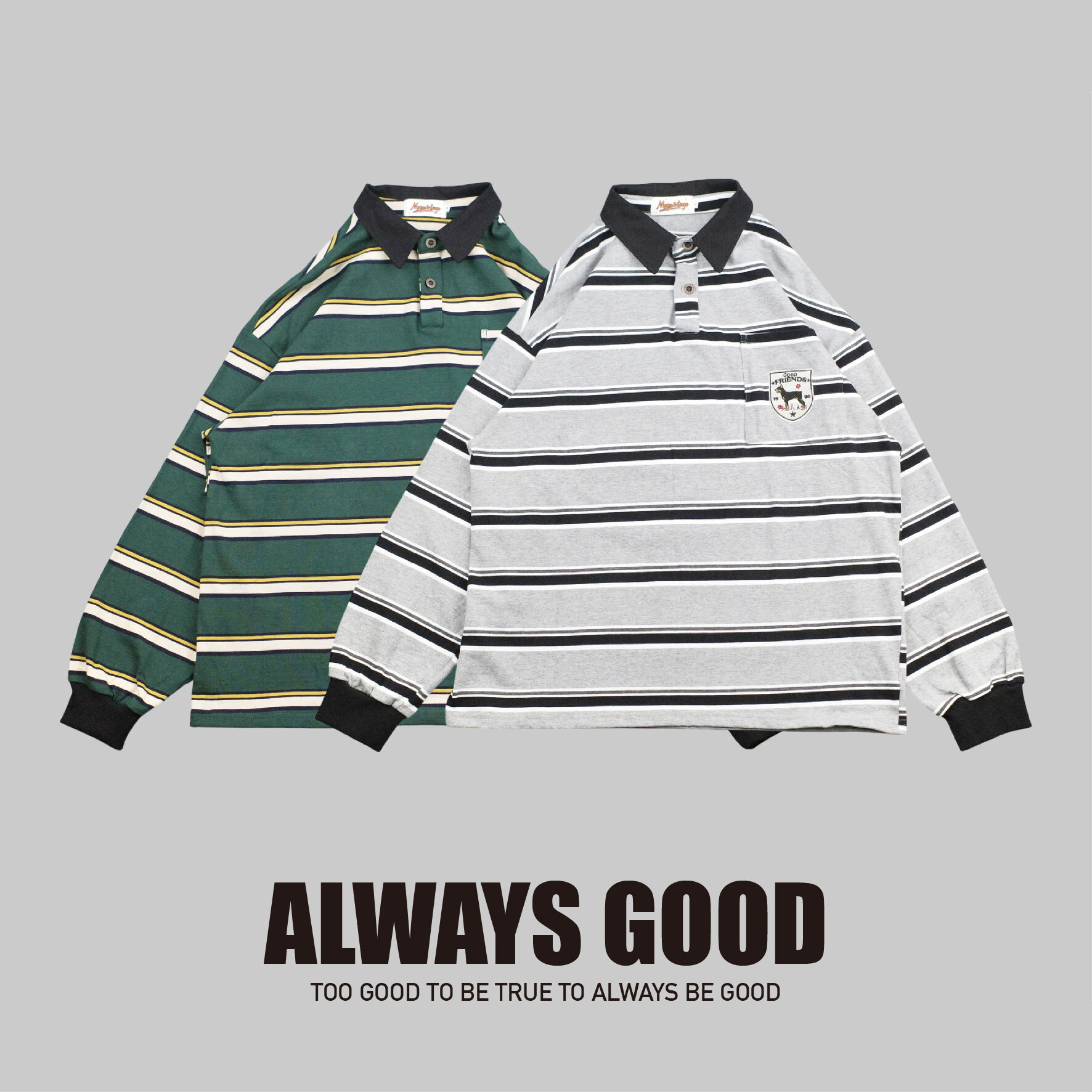 『Always_Good』美式 復古 刺繡 POLO領 長TEE