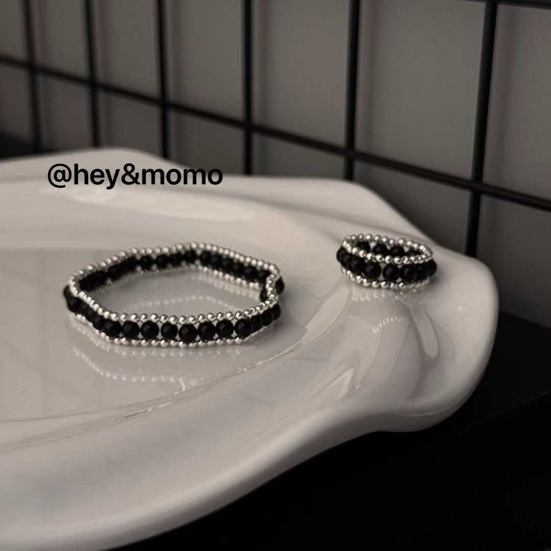 HM5143 ⚪925 銀 蕾絲造型銀球黑瑪瑙彈力繩手鍊