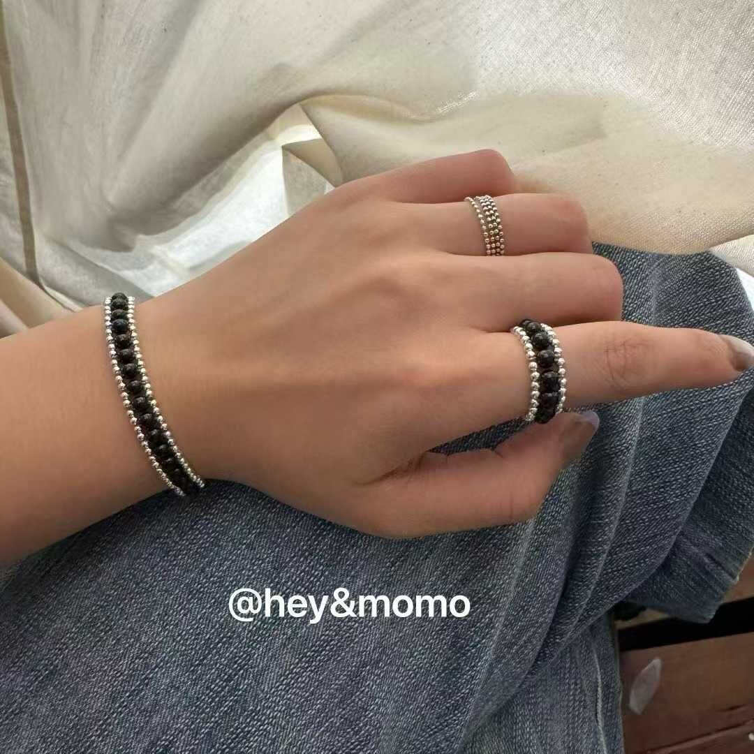 HM5143 ⚪925 銀 蕾絲造型銀球黑瑪瑙彈力繩手鍊