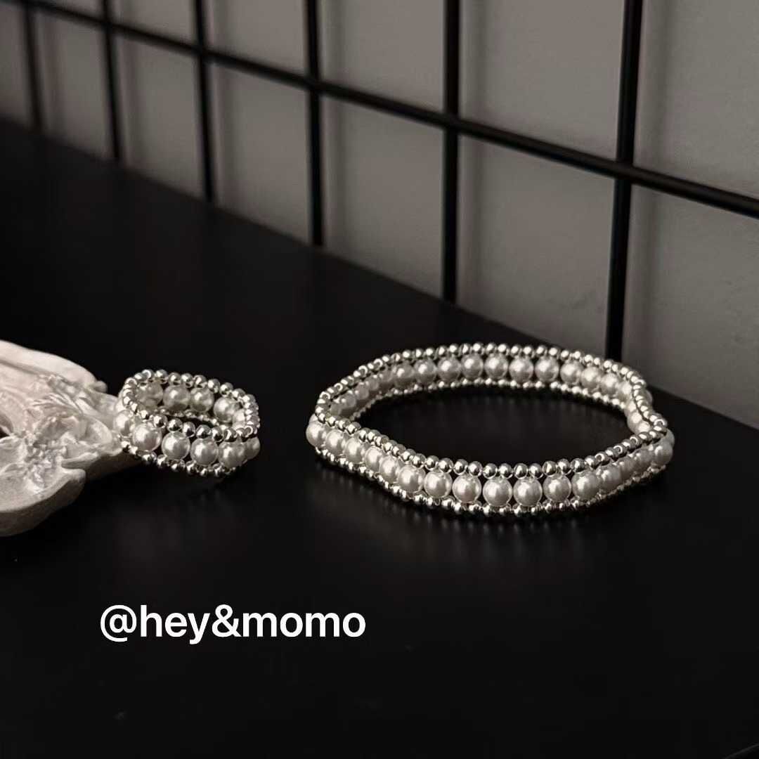 HM5144 ⚪925 銀 蕾絲造型銀球珍珠彈力繩戒指