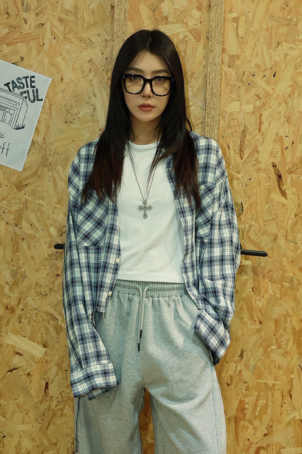 雙口袋 毛邊格子 排扣短版 #襯衫