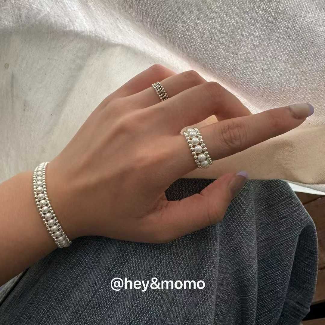 HM5145 ⚪925 銀 蕾絲造型銀球珍珠彈力繩手鍊