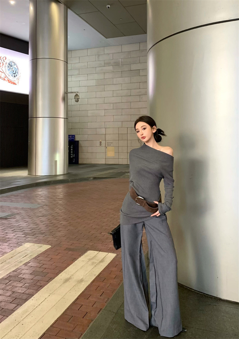 露肩針織 不規則長袖上衣(紅/黑/灰/咖)