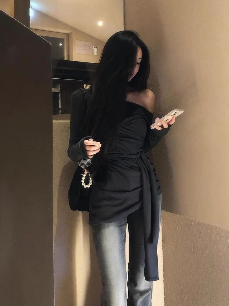 綁帶收腰 斜肩上衣