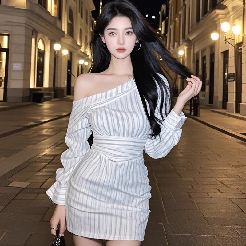 斜肩襯衫收腰洋裝