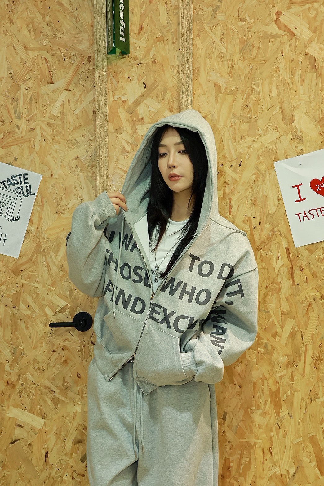 英文標語 雙拉鍊 連帽 #棉外套