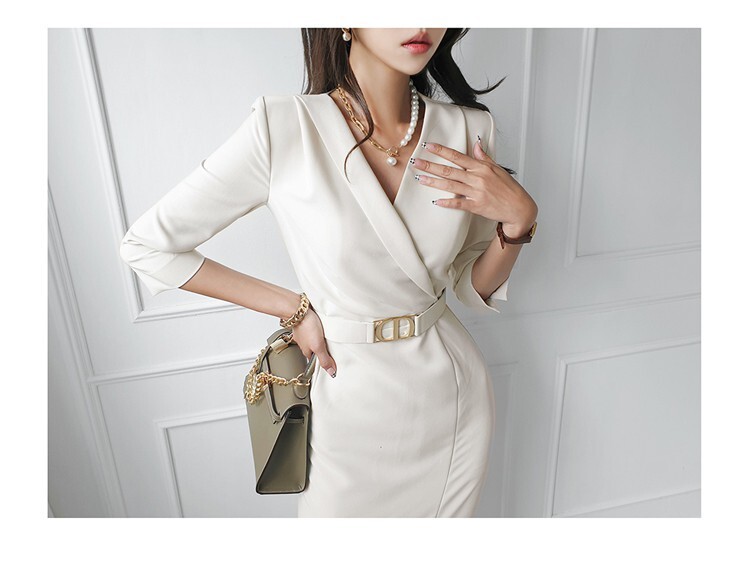 V領收腰 幹練包臀7分袖洋裝