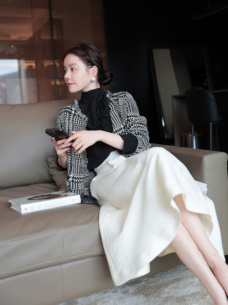 優雅必敗 千鳥格羊毛針織外套