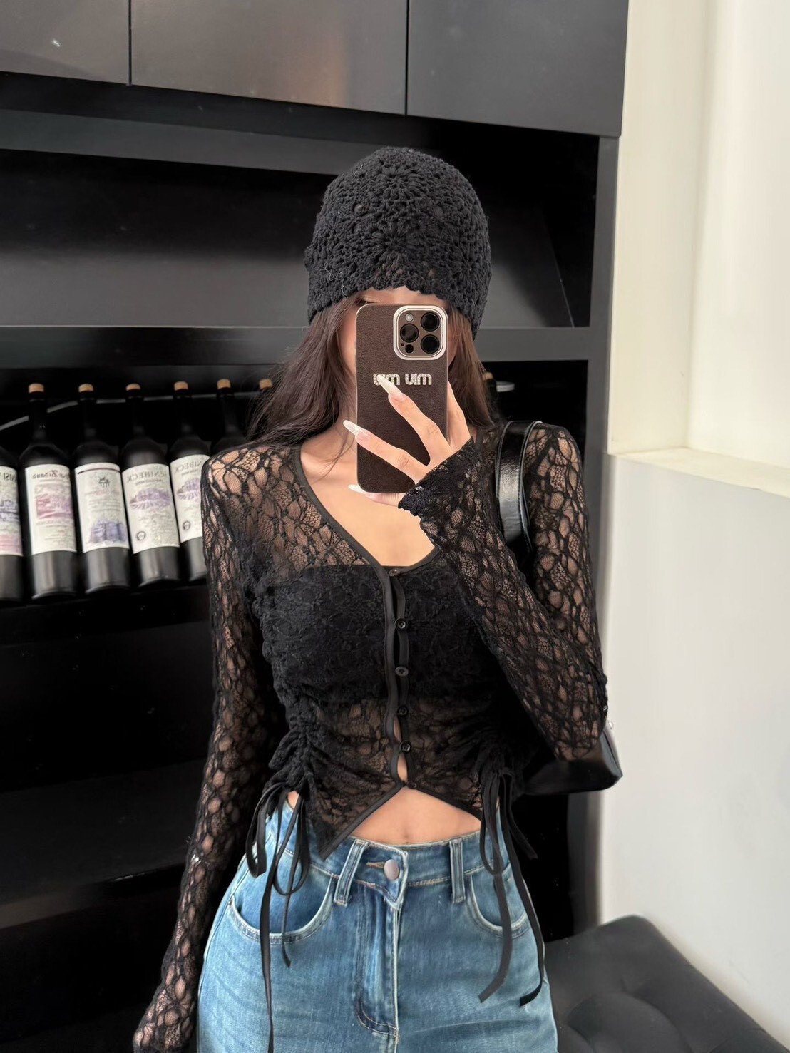 復古蕾絲透膚 綁帶罩衫