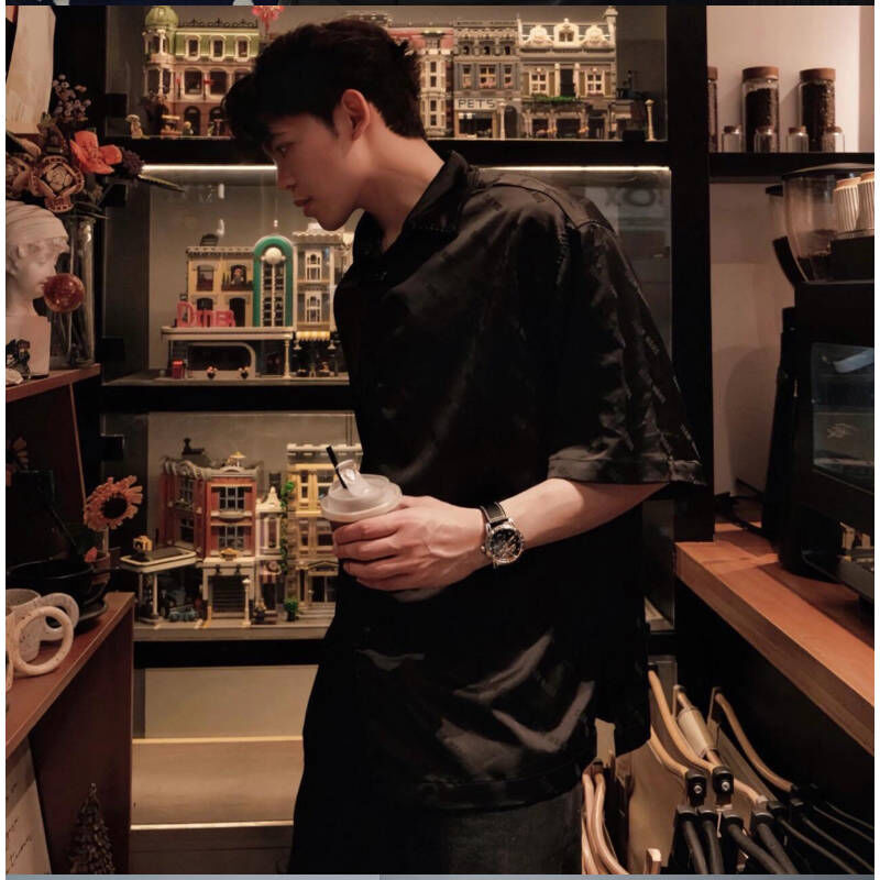 王嘉爾同款TEAM WANG立領寬鬆休閒美式印花短袖襯衫