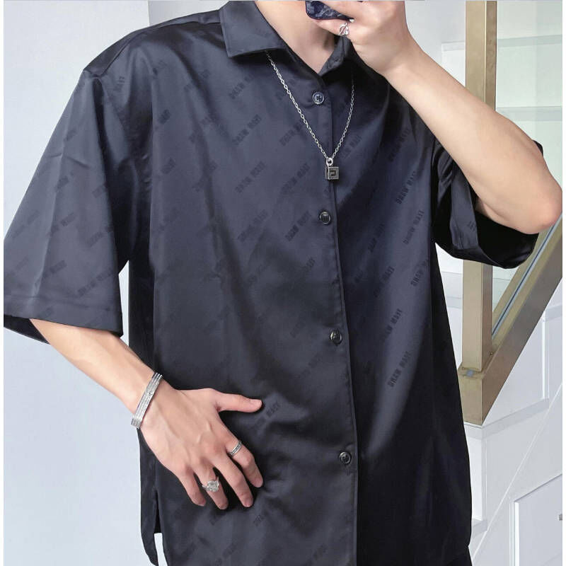 王嘉爾同款TEAM WANG立領寬鬆休閒美式印花短袖襯衫