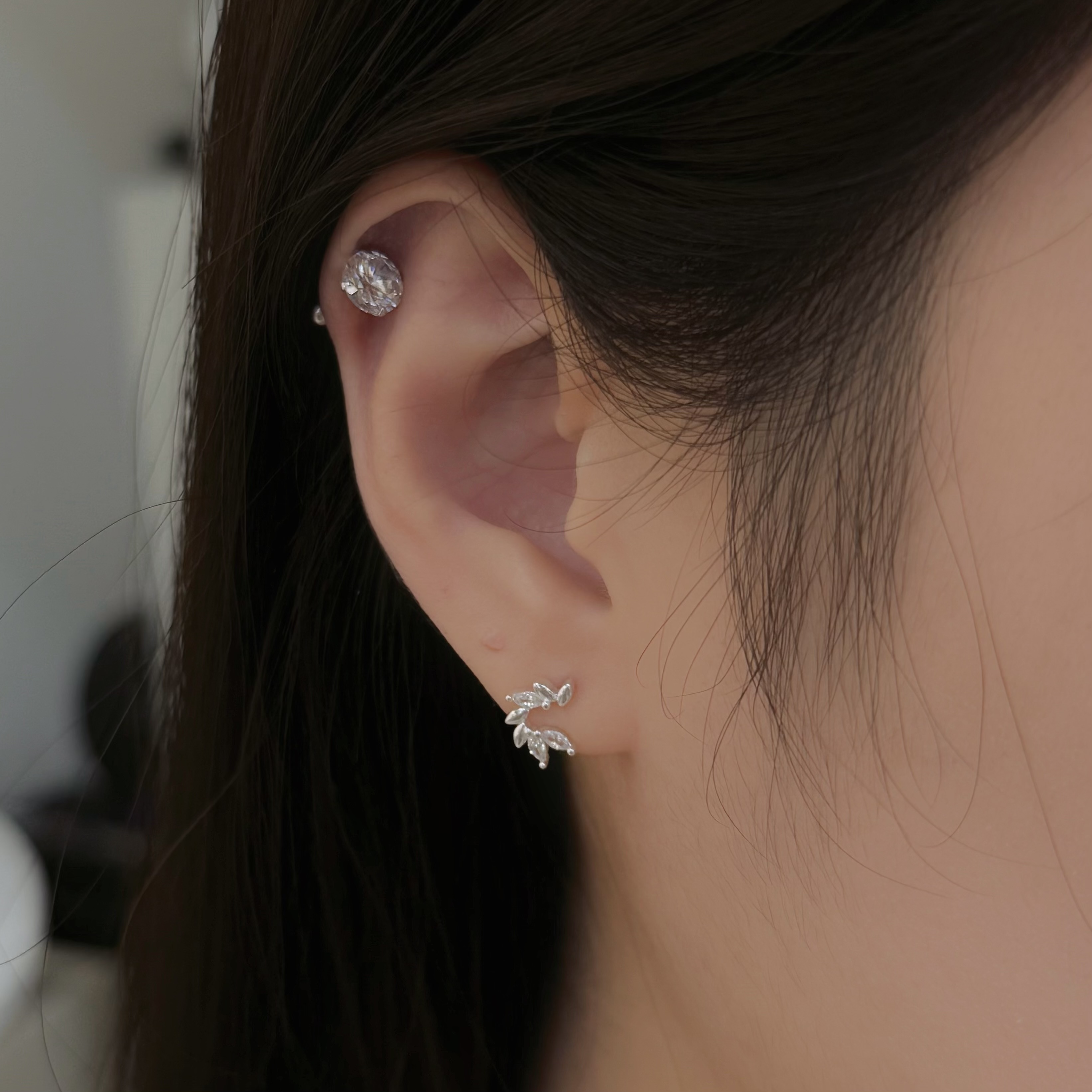 Y274半圓鋯石葉子純銀鎖針