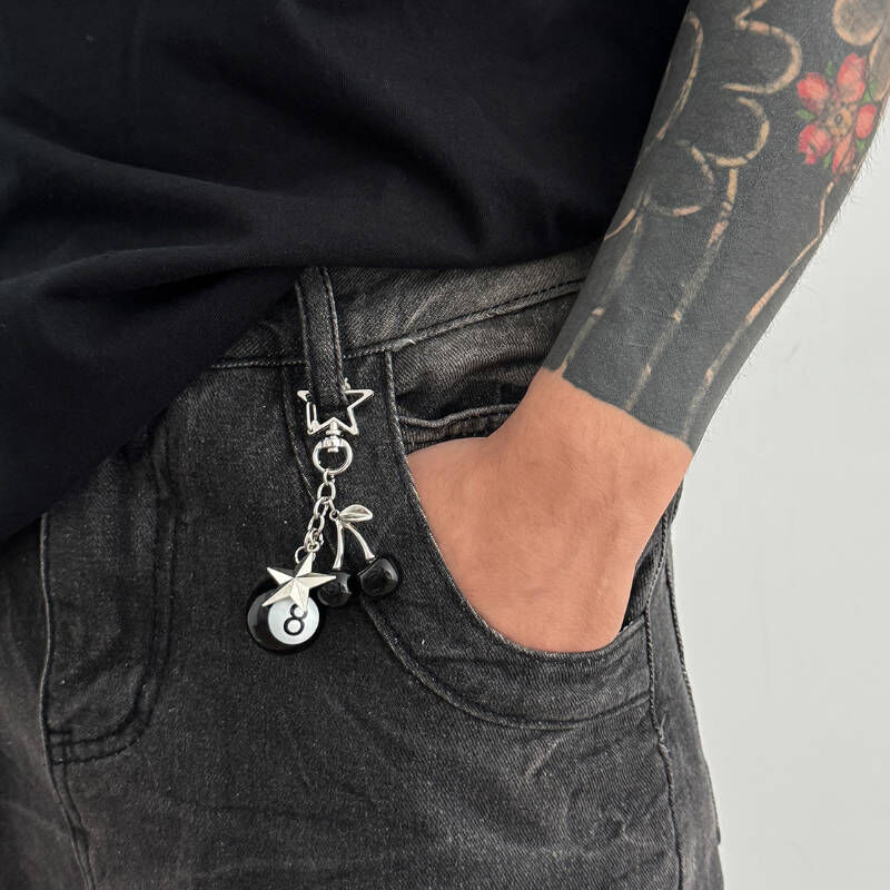 歐美創意櫻桃8號球高級鑰匙圈掛飾