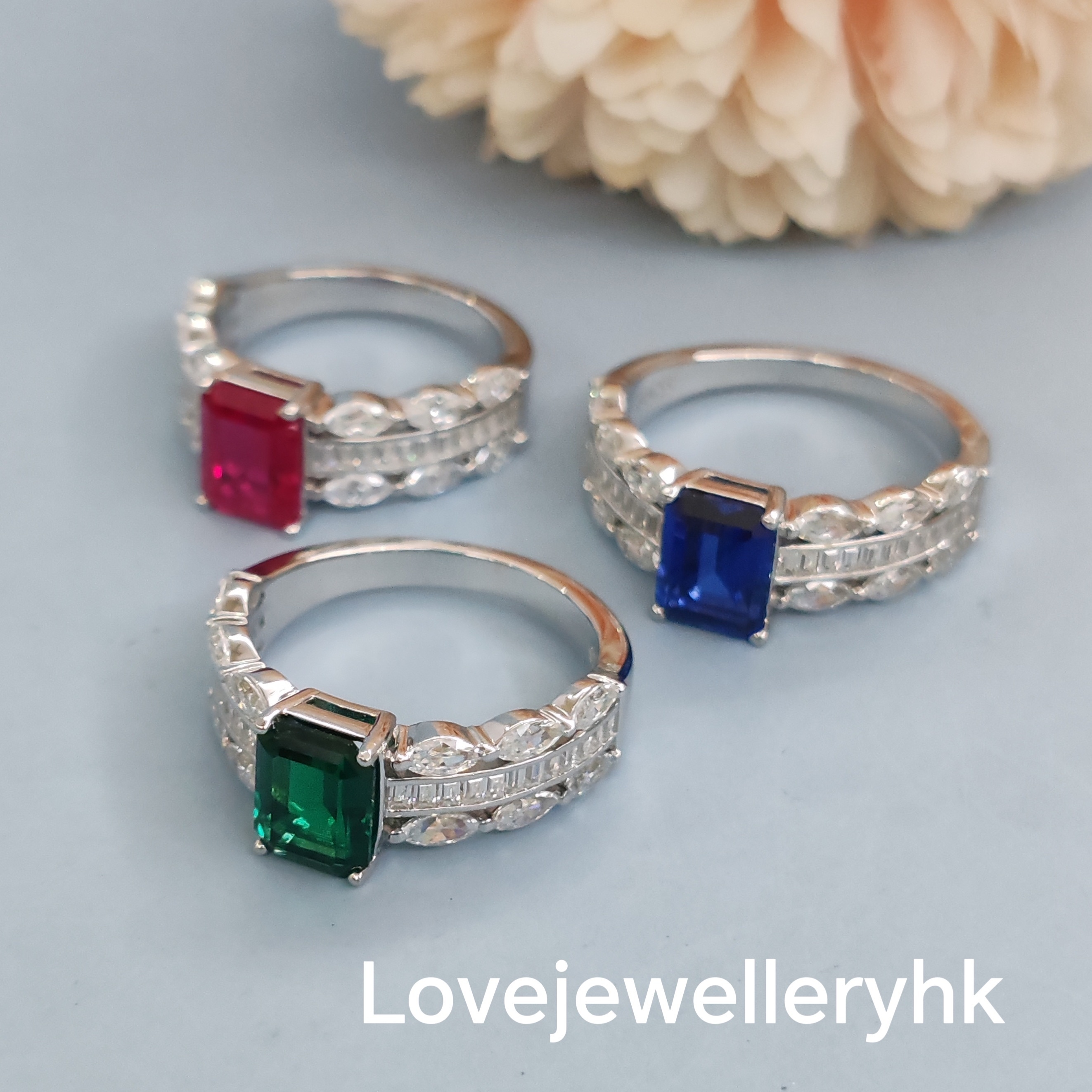 培育藍/紅/綠寶石長方形戒指       GR019