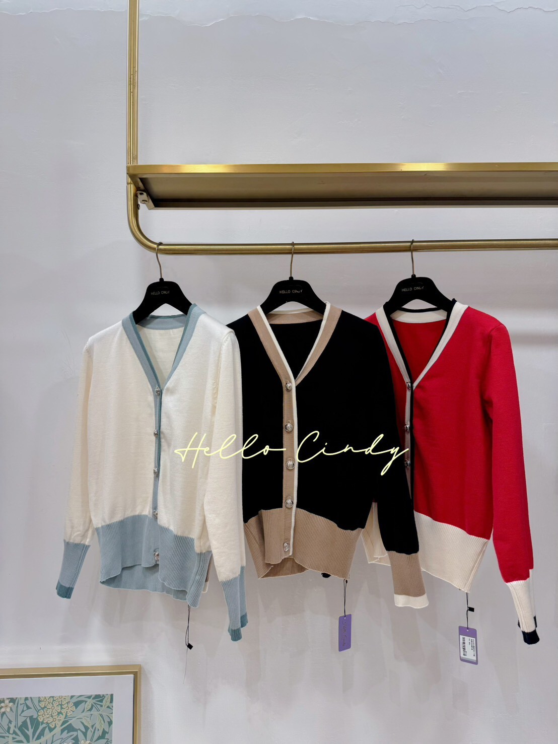 B10085 韓國同款Y字配色銀扣針織外套