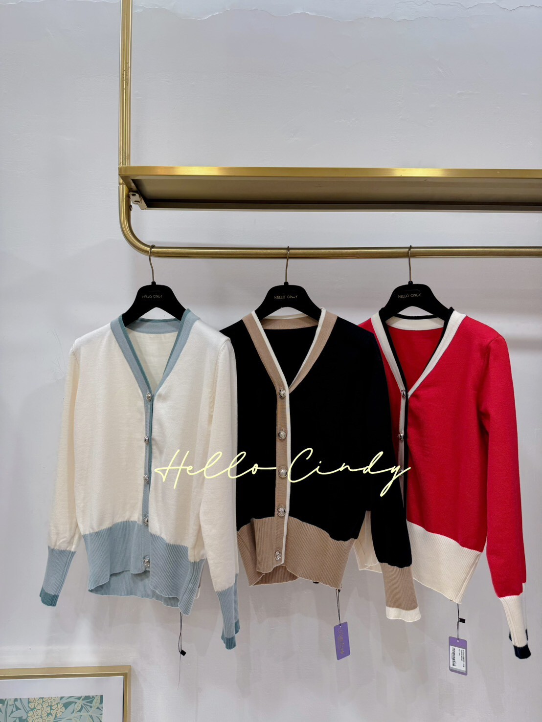 B10085 韓國同款Y字配色銀扣針織外套