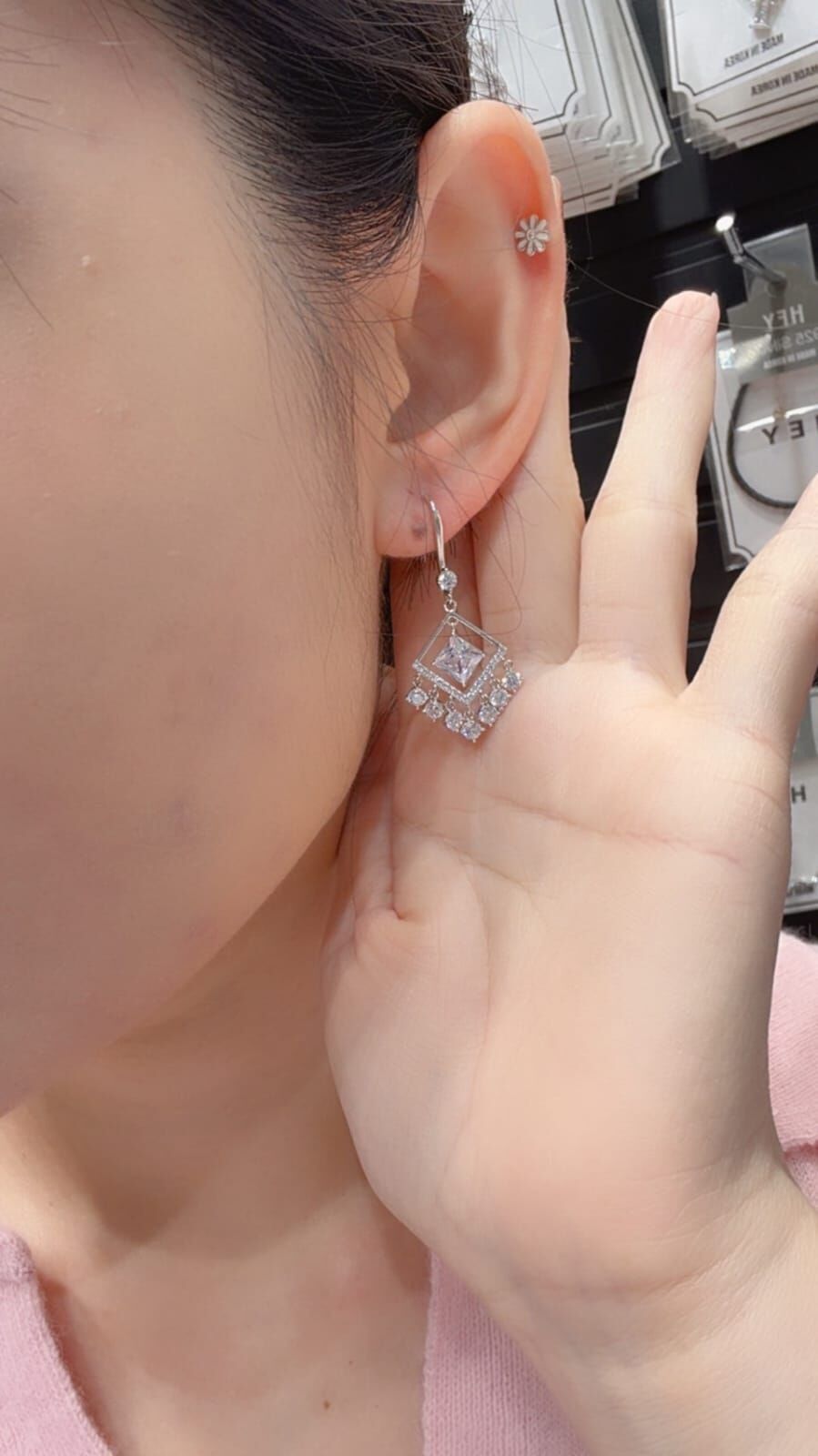 HM5150 ⚪925 滿鑽方形吊鑽耳環