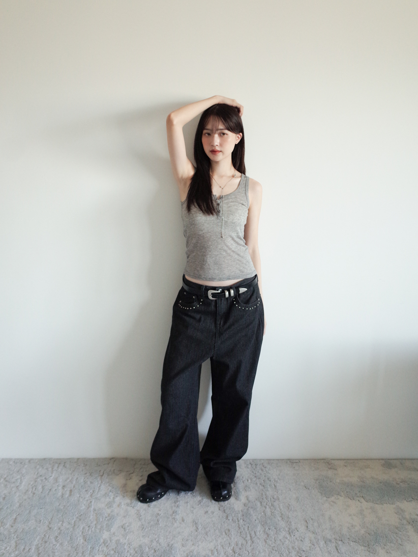 denim straight trousers with studded trim