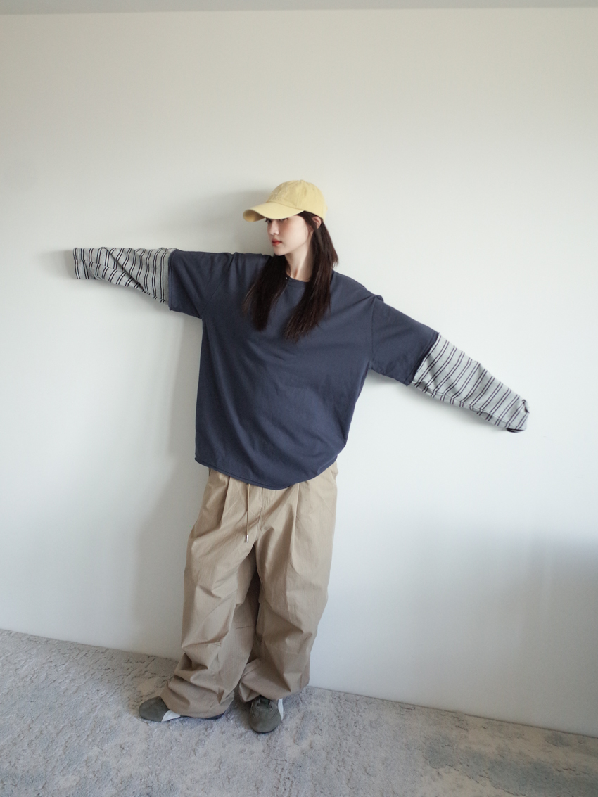 (UNISEX) grid-stitch drawstring cargo trousers with elastic waist in KHAKI