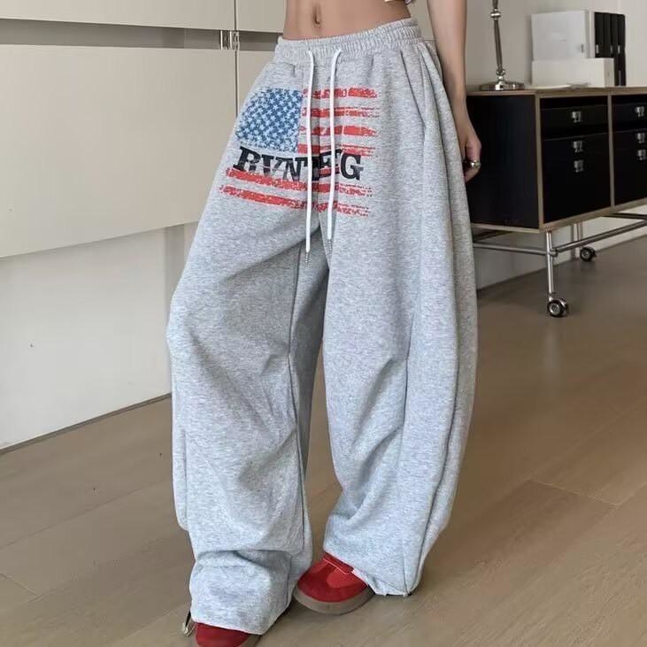 『RB』美式復古 旗幟印花褶皺彎刀衛褲