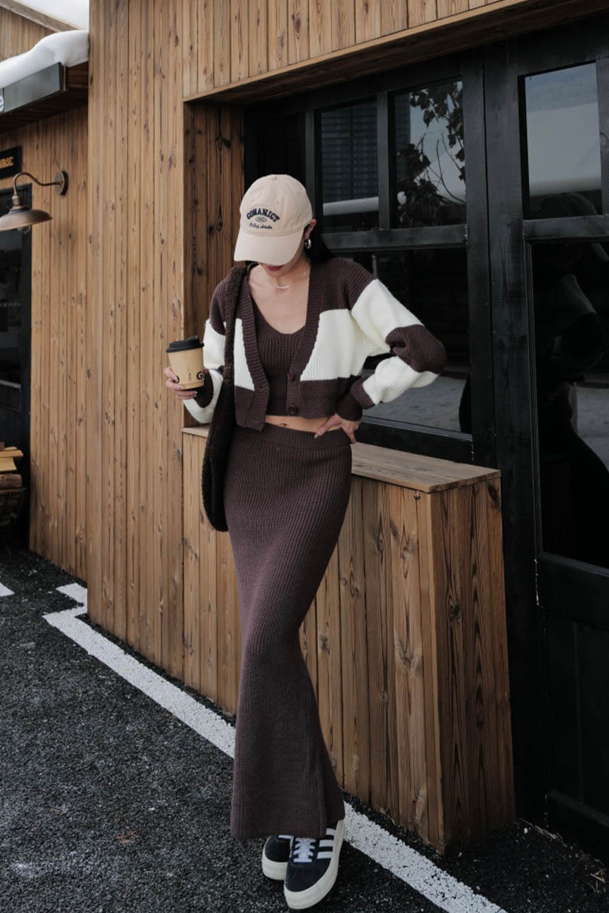 3件式條紋外套中長裙套裝*3色