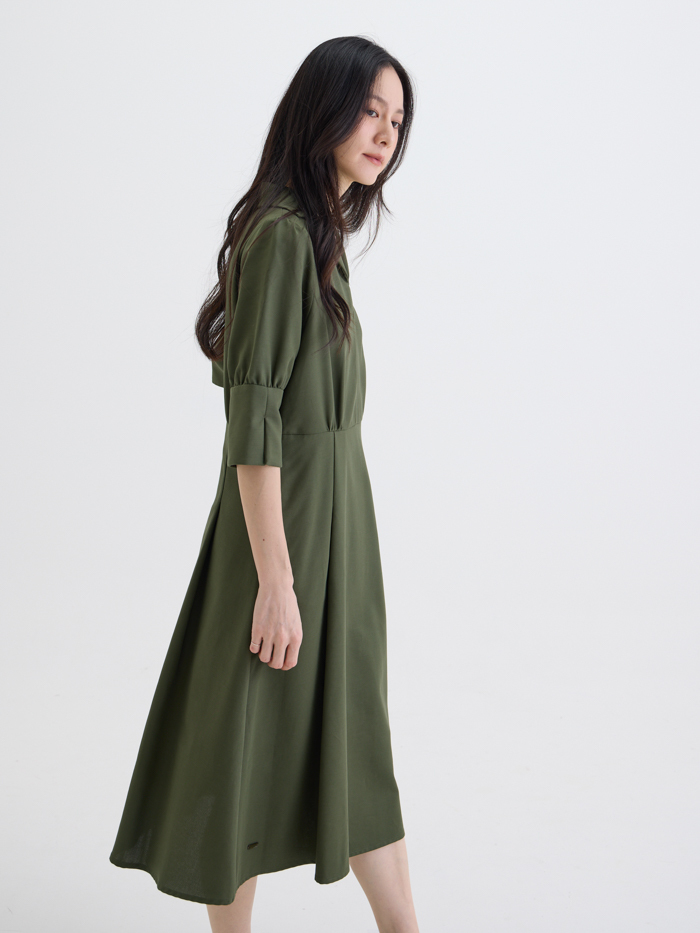 簡雅V領襯衫剪接洋裝-軍綠