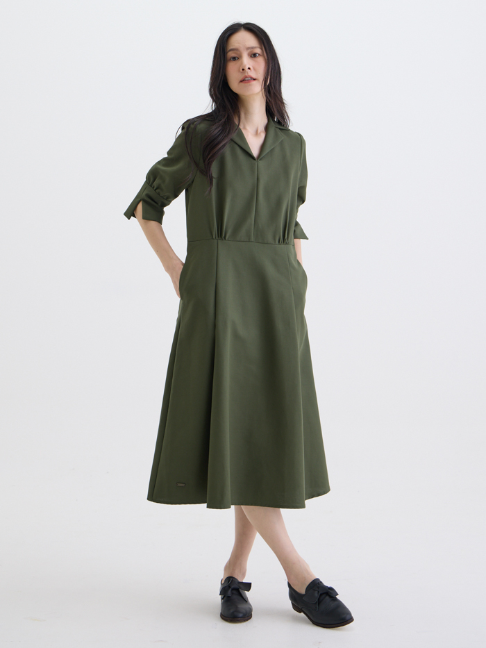 簡雅V領襯衫剪接洋裝-軍綠