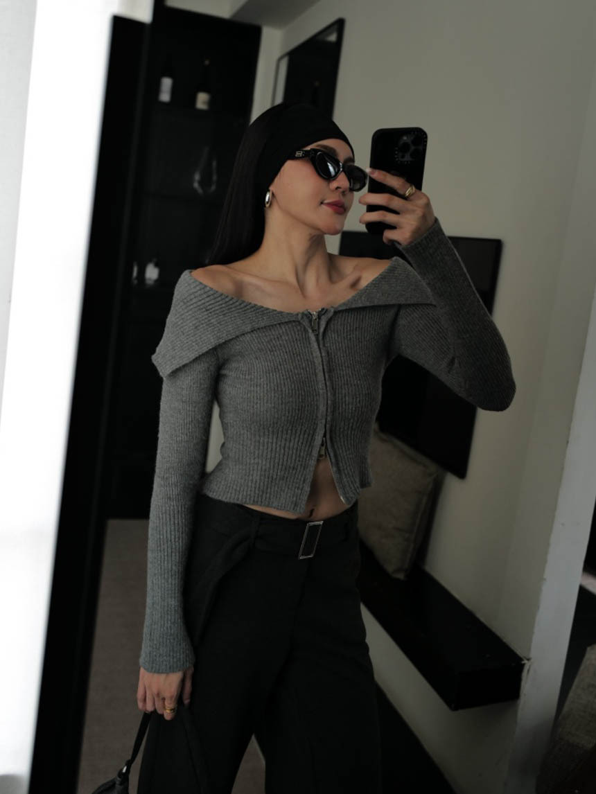 針織雙頭拉鏈一字領上衣*4色