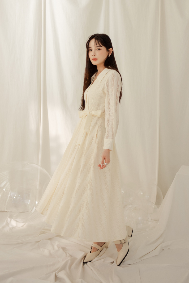 V領氣質緹花洋裝(附綁帶)