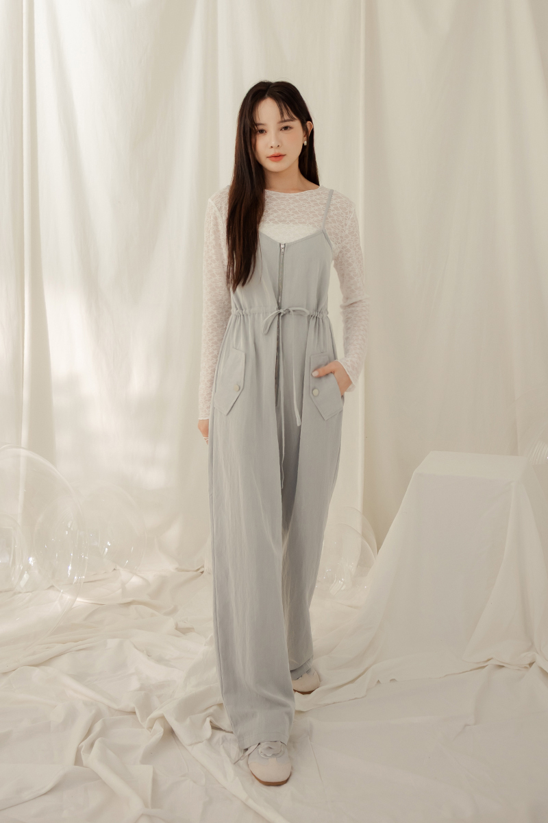 細肩拉鍊休閒連身褲