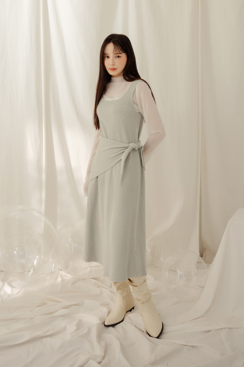 U領粗肩針織洋裝(附披肩)