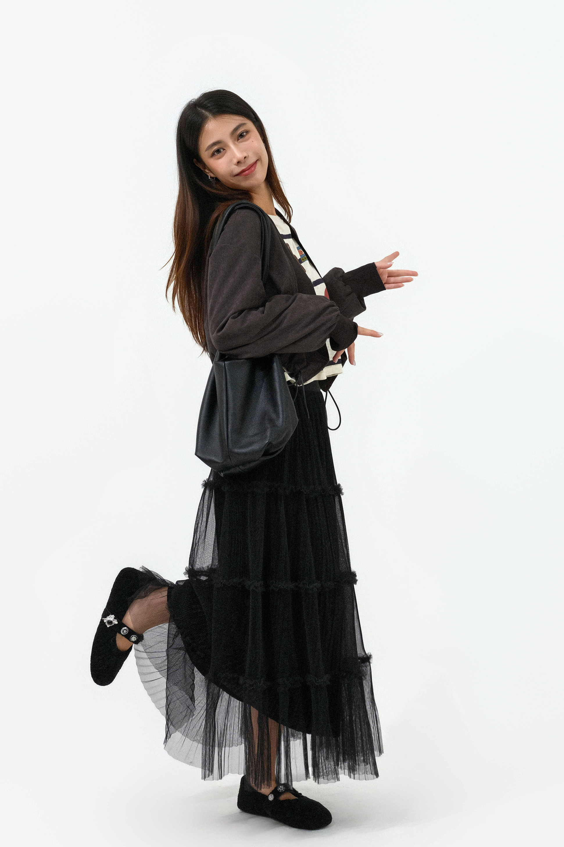 壓褶網紗絲絨底蛋糕裙 (現貨款式）