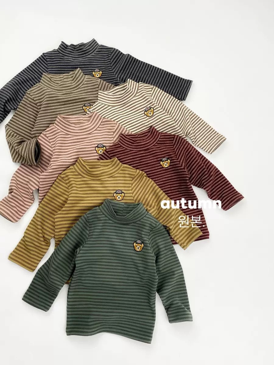 刺繡小熊條紋立領上衣