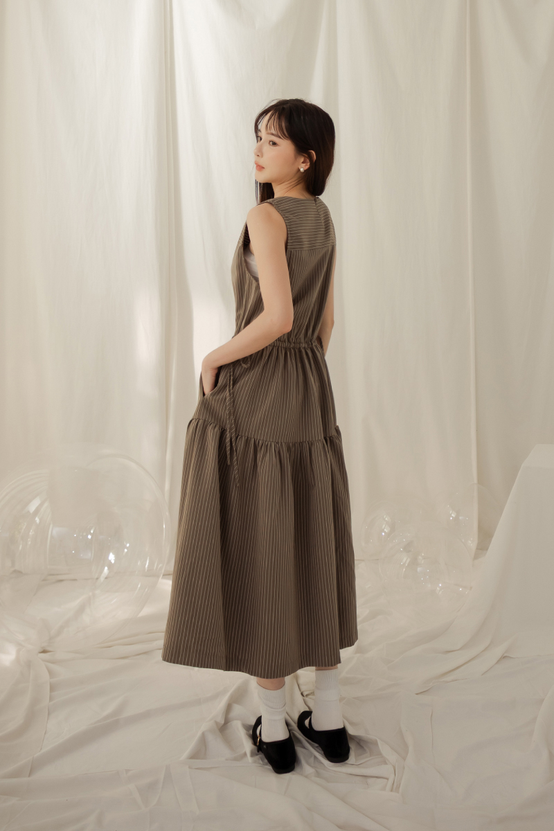 知性條紋側綁帶洋裝